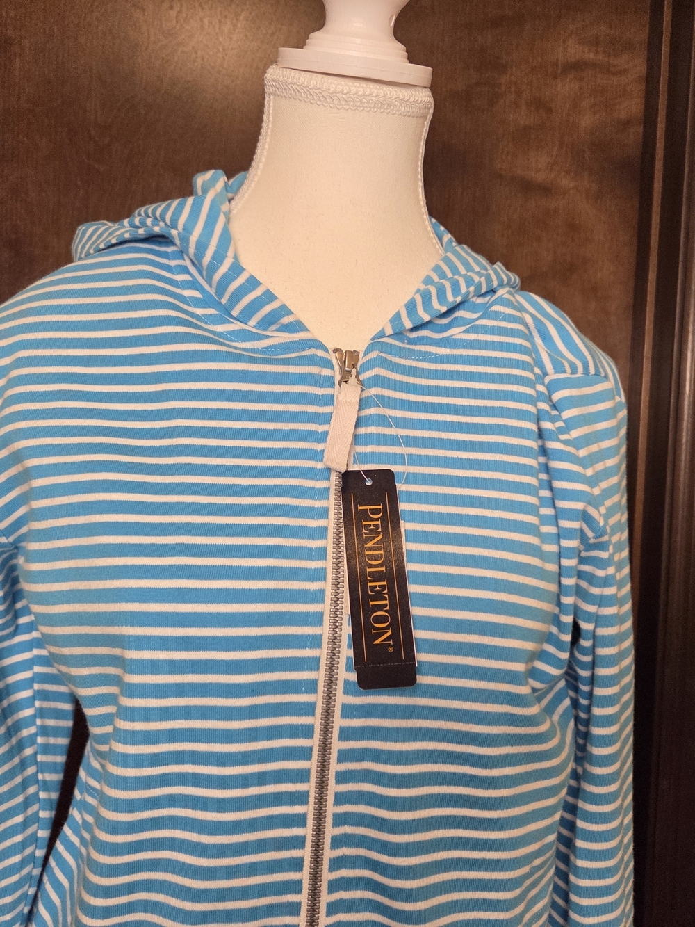 Pendleton Woolen Mills Aqua & White Striped Hooded Zip Jacket - Picture 2 of 15